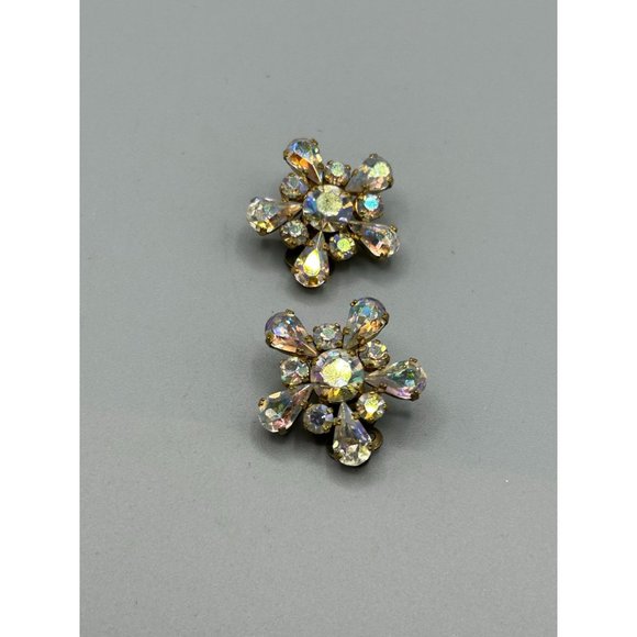 Vintage Made in Austria Clip On Rhinestone Earrings Aurora Borealis Gold Tone - Picture 2 of 7